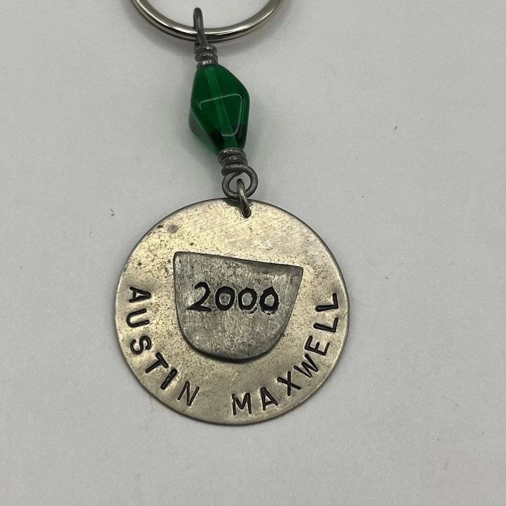 Vintage Austin Maxwell‎ 2000 Personalized Name Keychain Green Bead Silver Tone